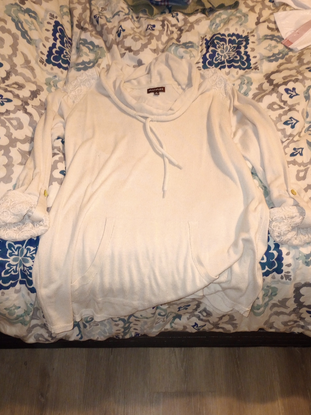 Cream Cowl Neck Tunic With Rolled Up Sleeves And Crocheted/Lace Detail